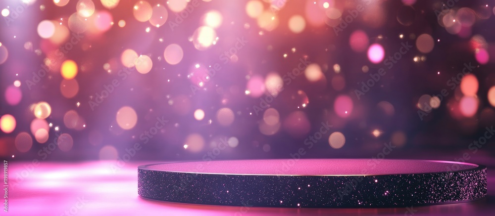 Poster colorful abstract background with bokeh lights and stage podium illuminated by soft spotlight copy s