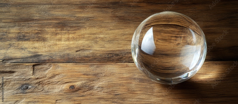 Poster clear glass sphere resting on a rustic wooden surface with ample copy space for text placement