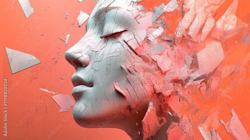 Poster abstract representation of a face fragmenting and blending into an orange background with a smooth t