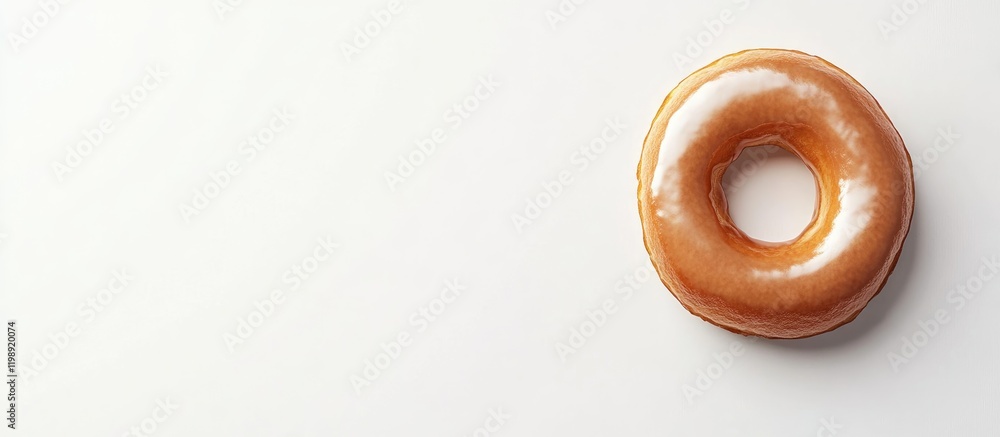 Poster glazed donut on minimalistic white background with copy space for text placement