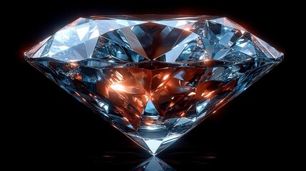 Sparkling diamond gemstone with blue and orange reflections on black background.