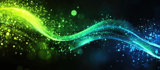 Colorful abstract wave background with green and blue light particles and copy space for text.