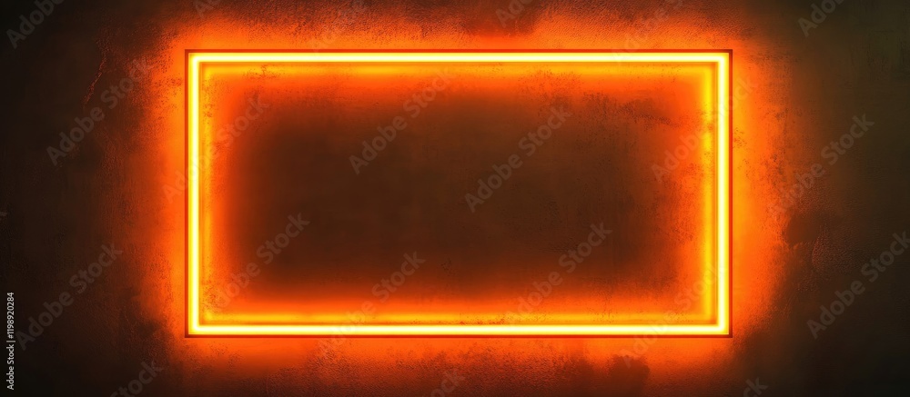 Poster neon rectangular frame on a textured dark wall with glowing orange light and copy space for text or 