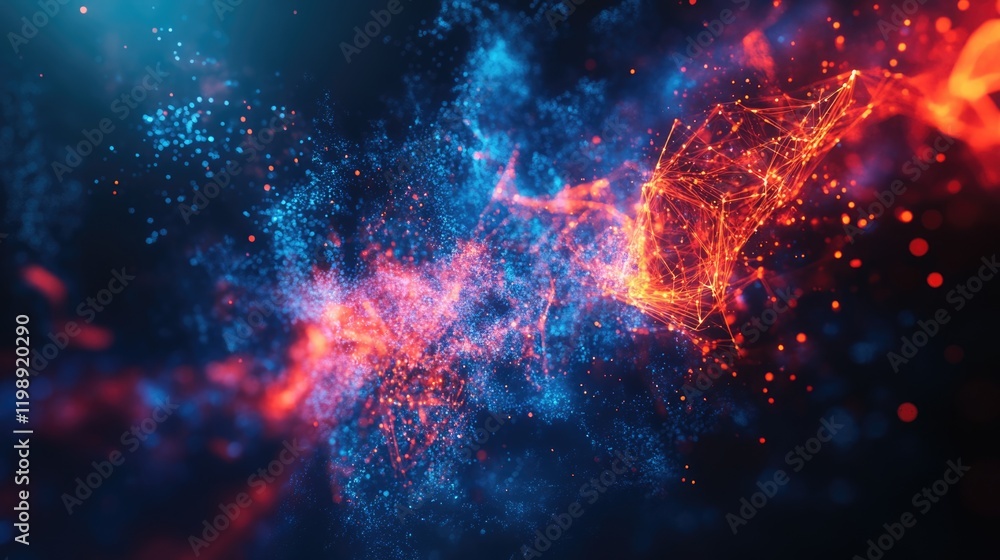 Poster abstract digital background with colorful glowing particles and interconnected lines in blue and ora