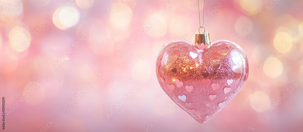 Aufkleber glass heart ornament hanging on string with soft pink bokeh background and copy space for text.