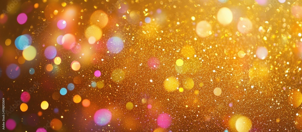 Poster colorful bokeh background with golden glittering lights and vibrant multicolored circles copy space