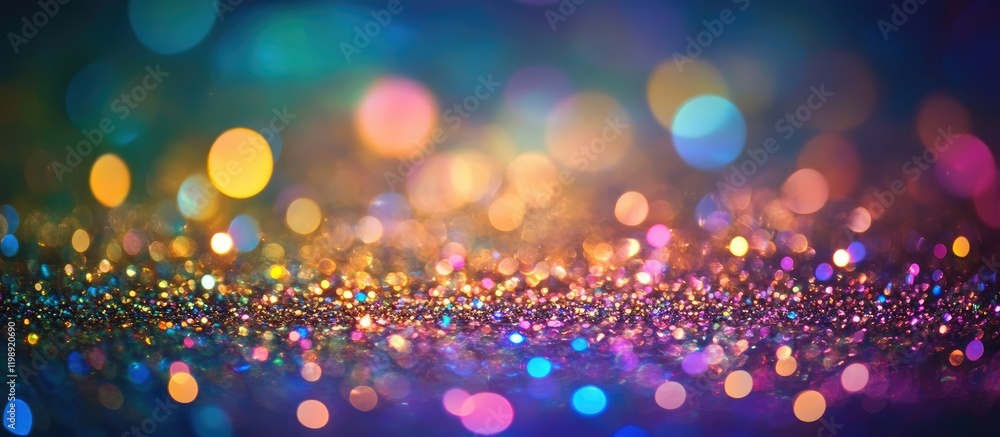 Poster colorful sparkling bokeh lights on dark background with shimmering glitter and copy space for text o