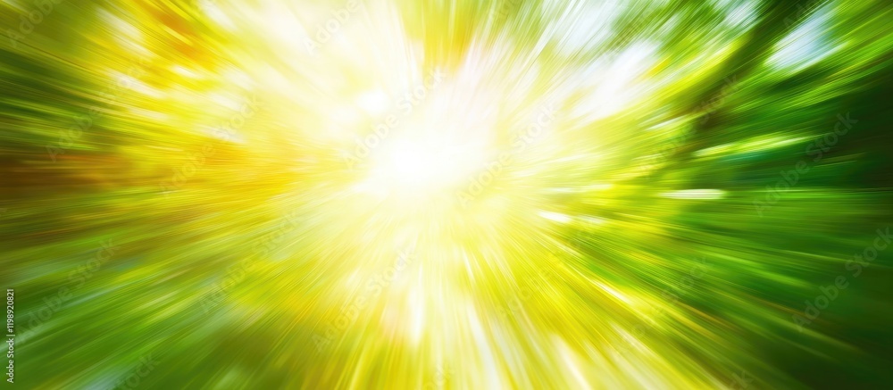 Poster abstract motion blur background of sunlight filtering through green foliage with bright light and co