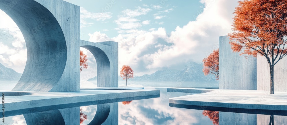 Poster Architectural landscape featuring concrete structures and autumn trees reflecting in calm water against a serene sky with clouds Copy Space