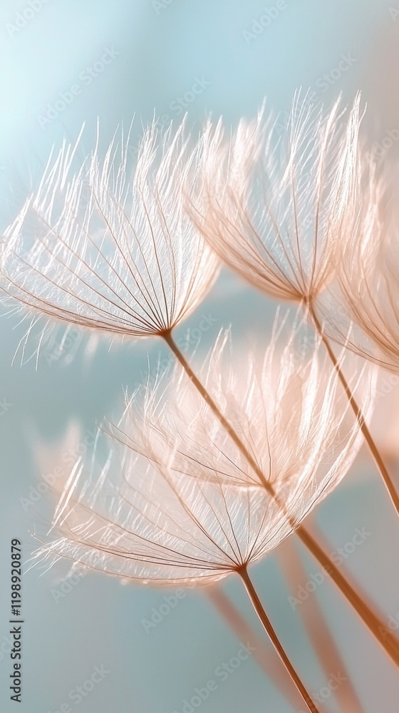 Poster close-up view of ethereal dandelion seeds, each poised gracefully against a serene blue backdrop. th