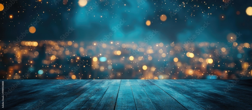 Poster abstract cityscape background with blurred lights bokeh effect and wooden surface in the foreground 