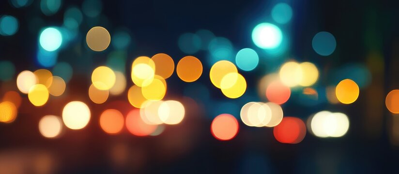 Abstract night city lights with blurred bokeh effect featuring colorful illumination and copy space for text