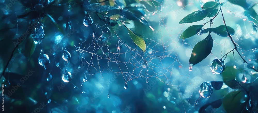 Poster close-up of dew drops on green leaves with spider web illuminated by soft light and blurred backgrou