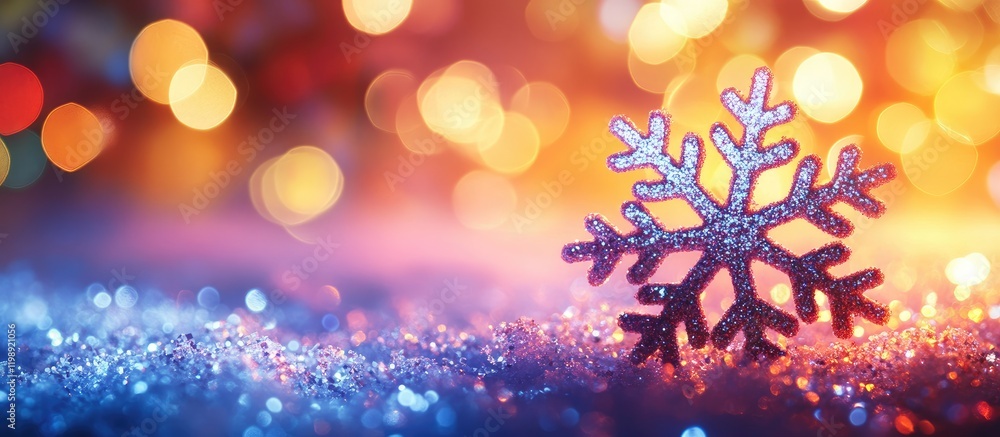 Aufkleber close-up of glittery snowflake on colorful bokeh background with vibrant warm and cool tones copy sp