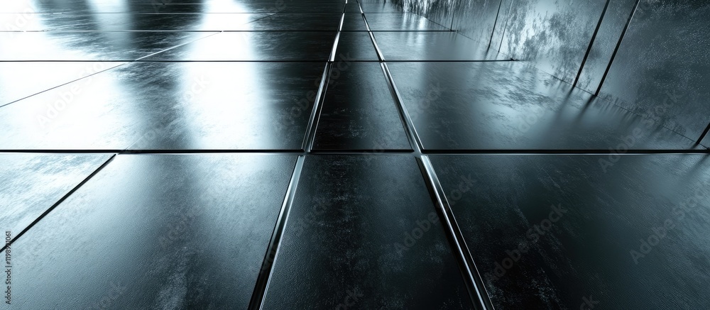 Poster dark reflective tiles with sleek surfaces arranged in a grid pattern copy space
