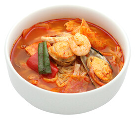 Spicy Korean Seafood Noodle Soup in a White Bowl