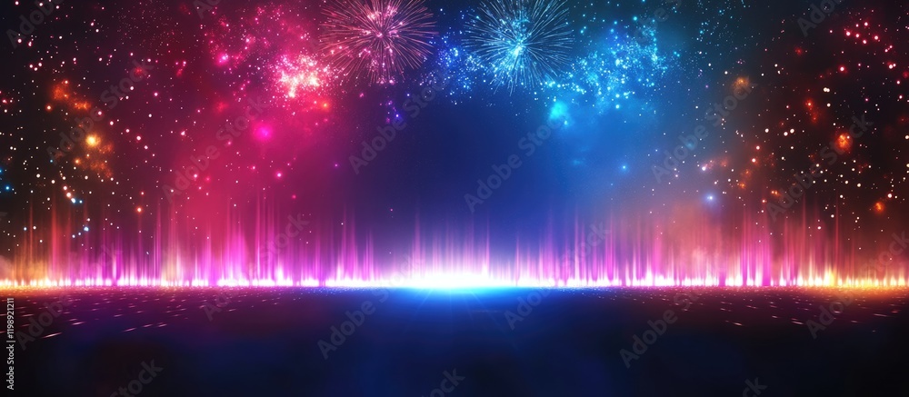 Poster abstract colorful sound wave visualization with vibrant gradients and dark background, copy space fo