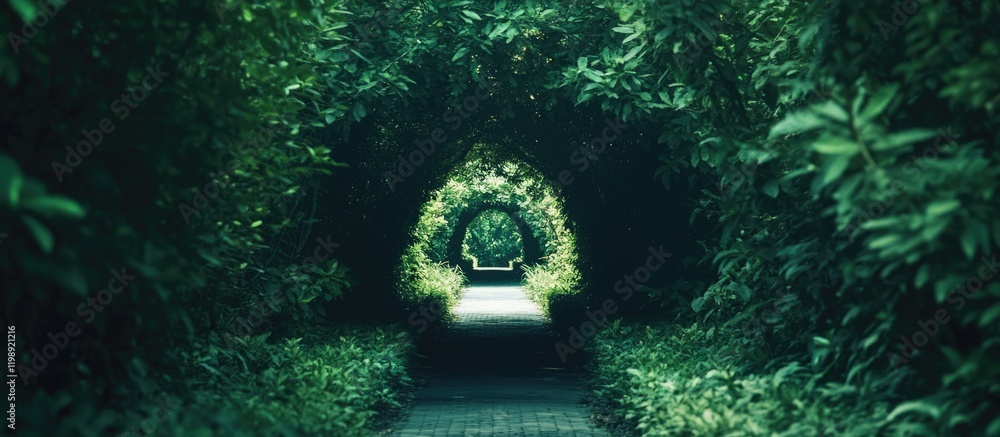 Aufkleber lush green tunnel pathway surrounded by dense foliage with visible depth and copy space for text ins