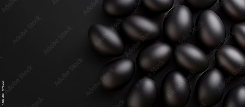 Aufkleber black decorative eggs arranged on a dark surface with copy space for text insertion.