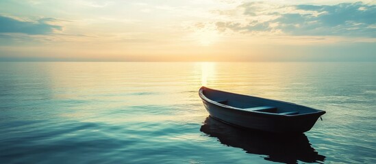 Lonely boat on calm water at sunrise with colorful sky and reflection providing ample copy space for text insertion