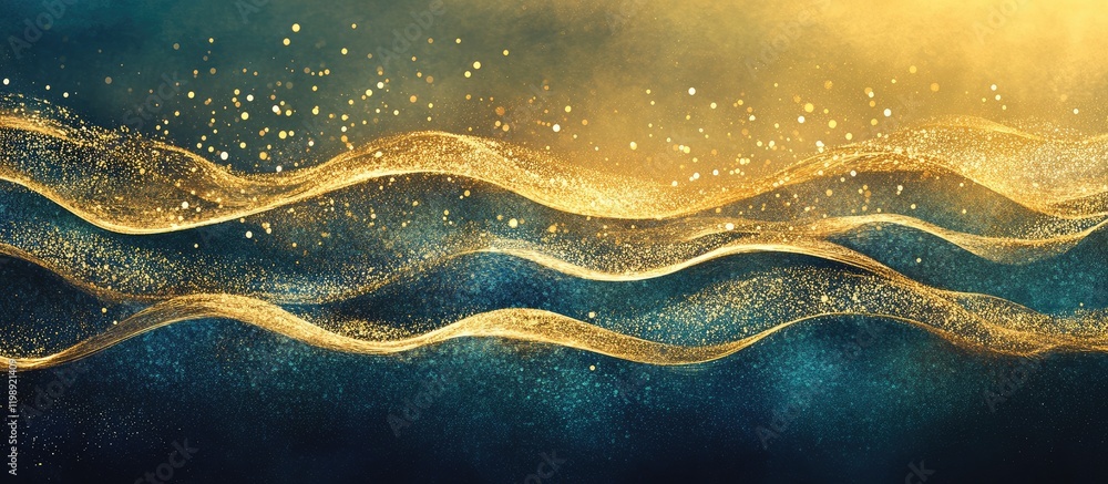 Poster abstract golden waves on a textured blue background with soft sparkling details and copy space.