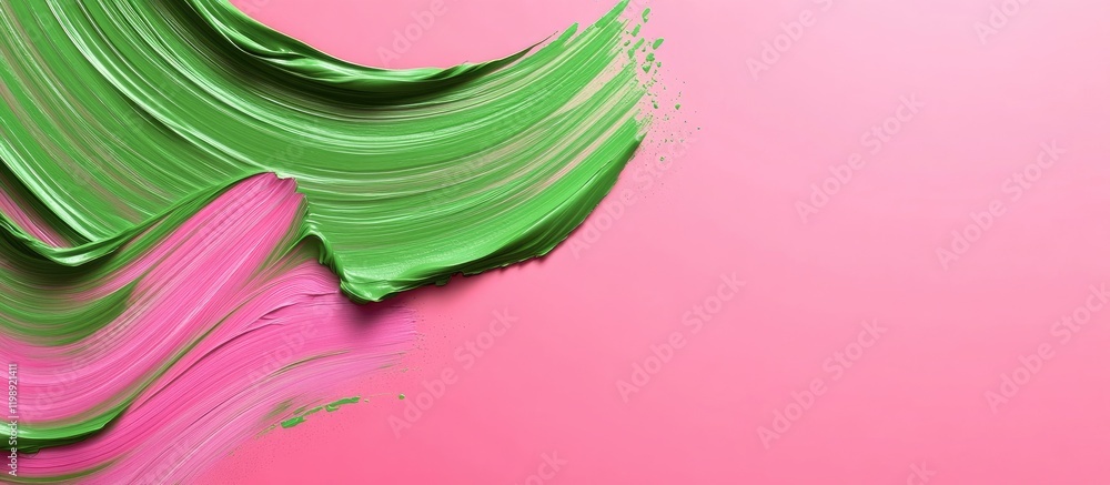 Poster colorful abstract paint strokes in green and pink on a smooth surface with copy space for text or gr
