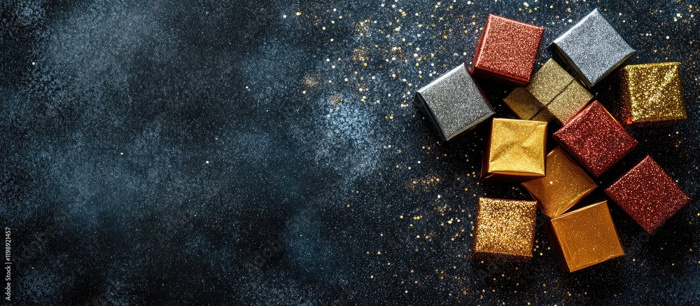 Poster colorful gift boxes arranged on a dark textured surface with glittering particles and copy space for