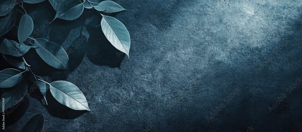 Aufkleber dark textured background with green leaves in the corner and ample copy space on the right side.
