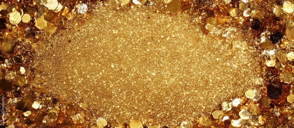 Poster gold glitter texture with shimmering particles and copy space for text placement in a decorative bac