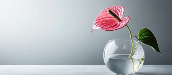 Pink Anthurium flower in a glass vase with water on a minimalist background with copy space for text or design elements