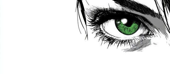 Green eye with detailed eyelashes and dark hair on a white background with copy space for text