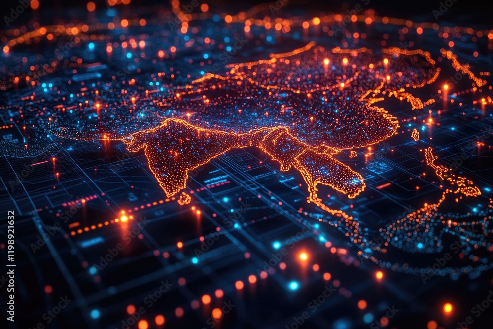 Poster a map of the world with glowing lights, perfect for representing global connections and data visuali