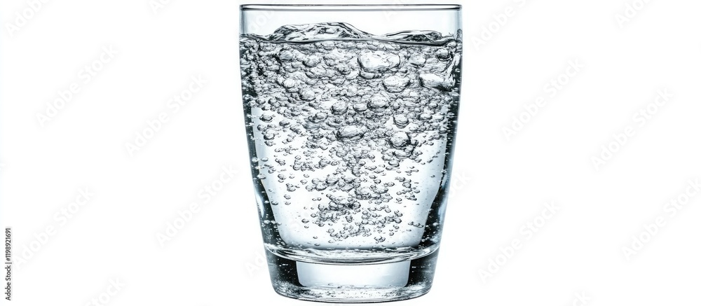 Poster glass of sparkling water with bubbles and reflective surface on a white background copy space