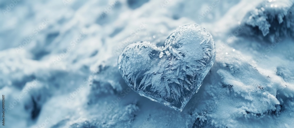 Poster frozen heart-shaped ice on a snowy surface with intricate frost patterns and copy space for text