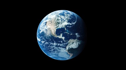 Fototapeta premium High-resolution image of Earth as seen from space with visible continents including North and South America against a black background, Copy Space.