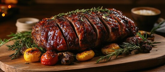 Roasted meatloaf on wooden serving board garnished with herbs and grilled vegetables with copy space for text
