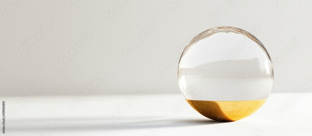 Poster clear glass sphere with yellow liquid partially visible inside on a plain background with ample copy