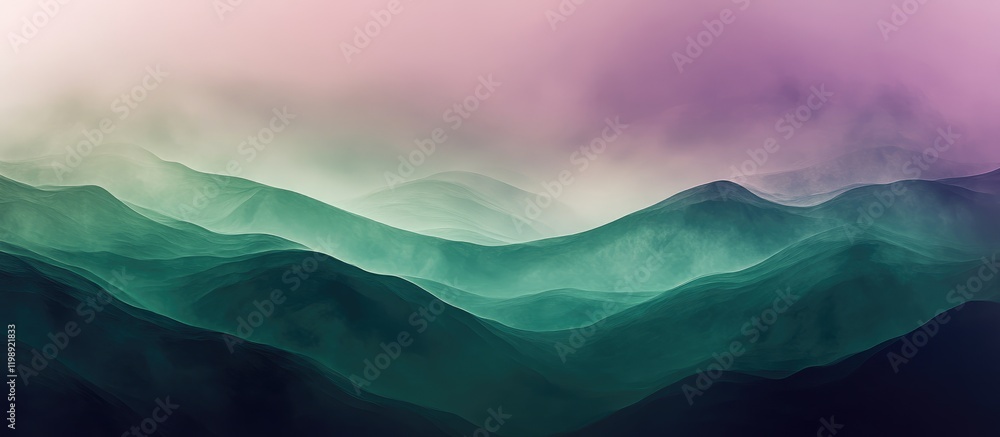 Poster abstract landscape with layered hills and soft color gradients in green, purple, and misty tones wit