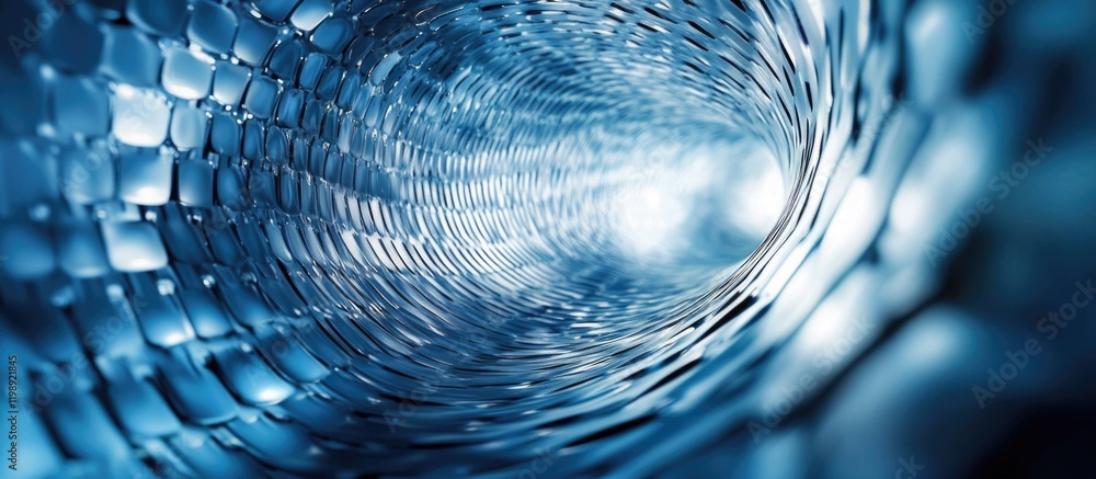 Poster abstract close-up of a water tunnel with blue reflective textures and copy space for text placement.
