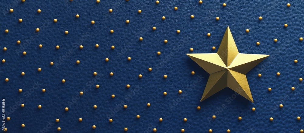 Poster golden star on textured blue background with small decorative elements and copy space for text place