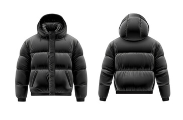 Black puffer jacket with hood, front and back view isolated on transparent background