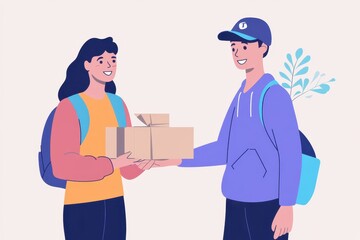 Fototapeta premium Smiling Delivery Person Handing Over a Package to a Customer Illustration