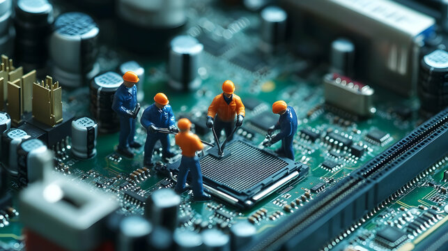 Miniature Construction Workers Assembling Components On A Circuit Board In A High-Tech Electronics Environment. Generative AI