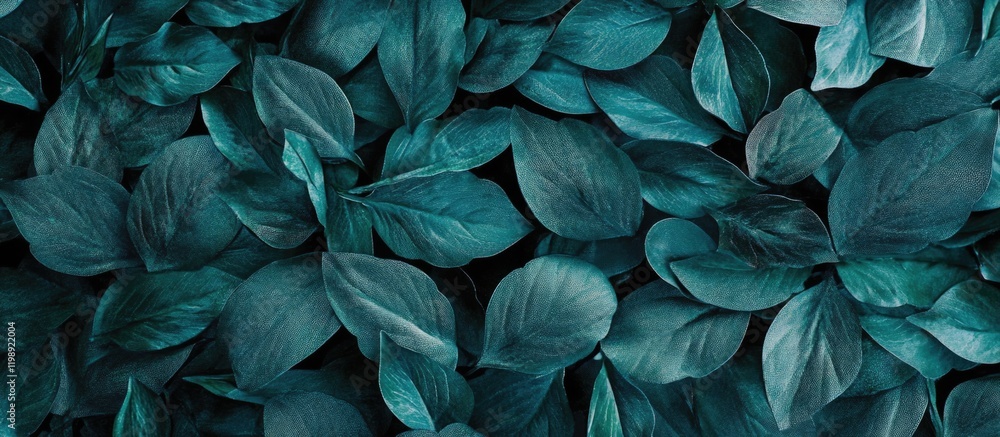 Poster dark teal foliage background with lush leaves arranged closely, featuring ample copy space for text 