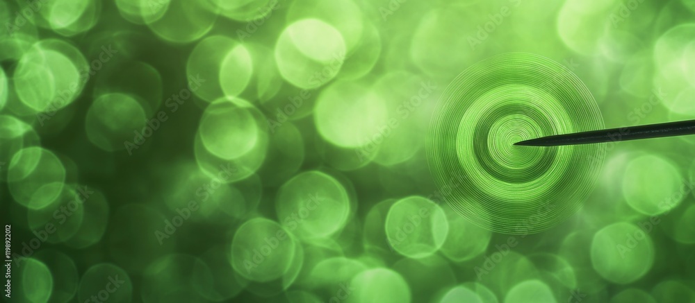 Poster green blurred bokeh background with a needle creating concentric circles and ample copy space for te