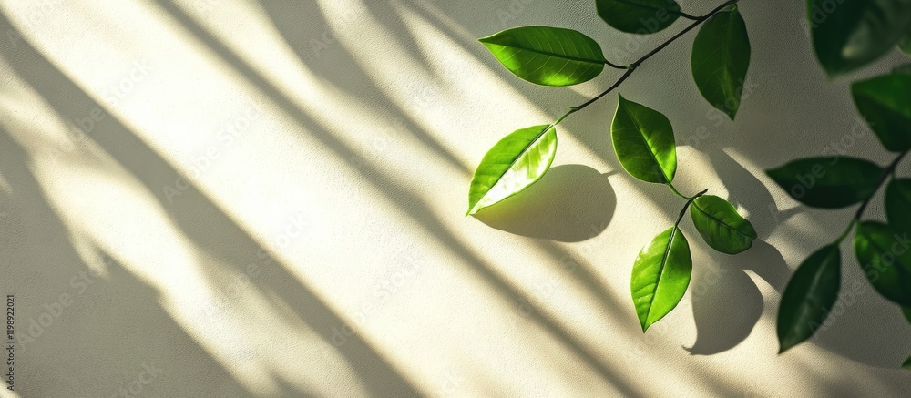 Poster green leaves casting shadows on a textured background with natural light and copy space for design p