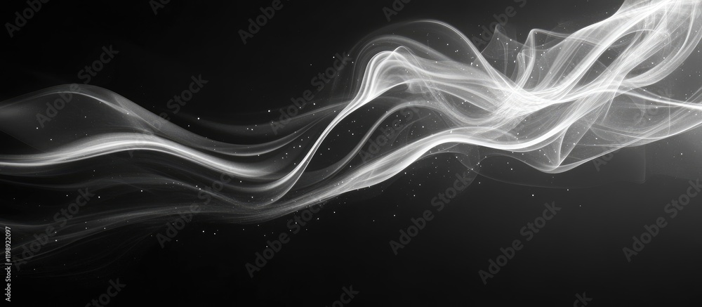 Aufkleber abstract white smoke on a black background with flowing curves and copy space for text placement.