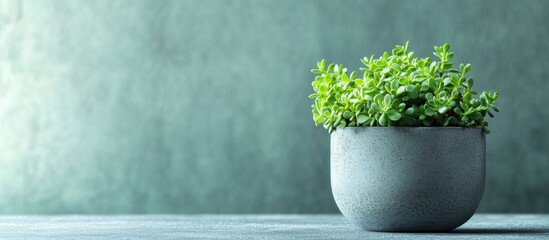 Potted green herb plant on textured background with copy space for text placement