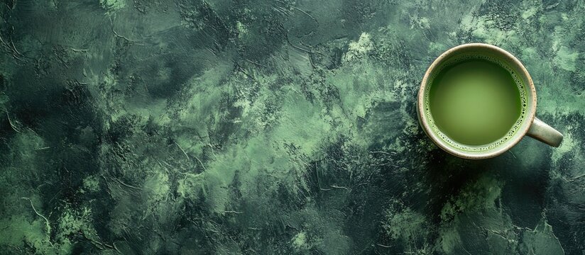 Green textured background with a cup of matcha tea on the side. Copy Space for text placement.