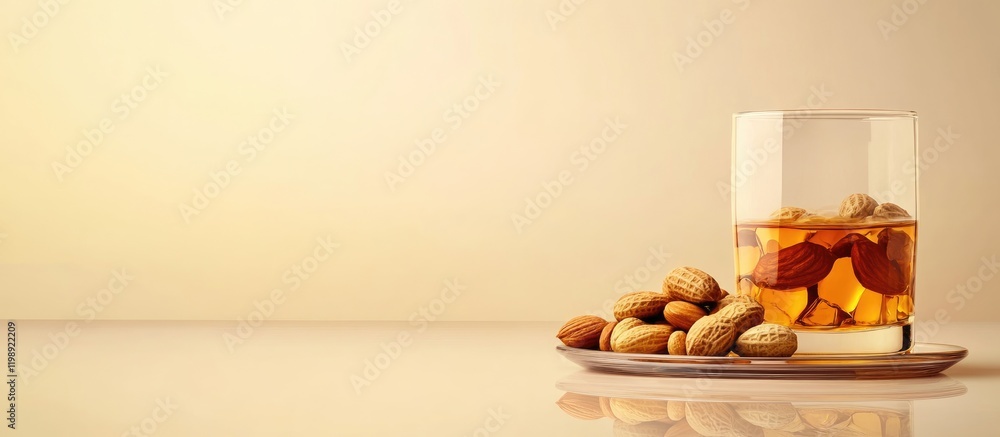 Poster Glass of whiskey with assorted nuts on a plate against a neutral background with copy space